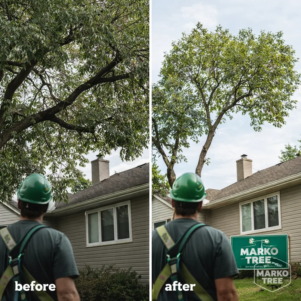 Side-by-side view of a mature tree near a house: before with heavy limbs over the roofline, after with a clean crown reduction and proper clearance.