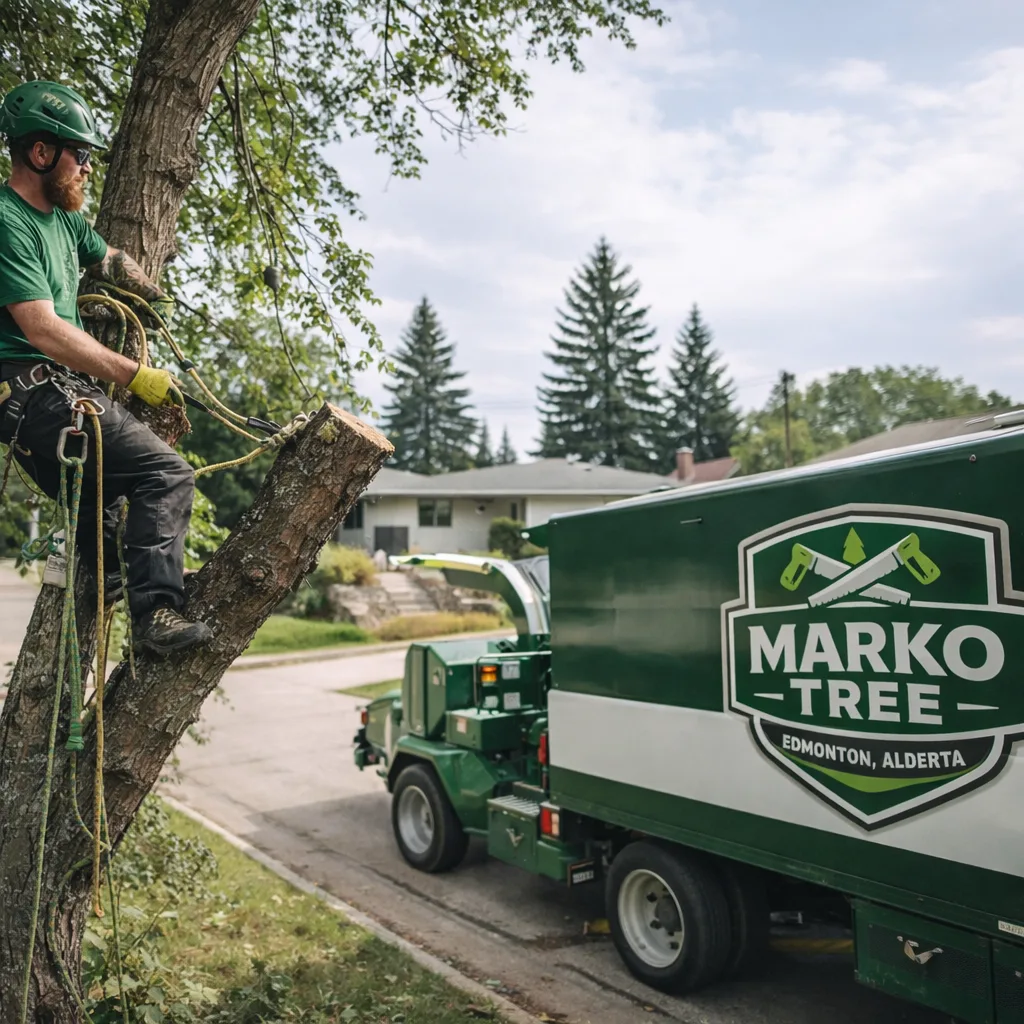 Arborist in PPE trimming a mature backyard tree in an Edmonton residential setting with rope-and-harness climbing gear and a chipper truck staged safely at the curb.