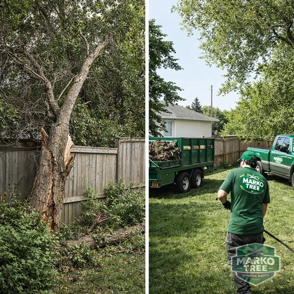 Before and after pair showing a hazardous tree near a fence removed, with the after image showing a clean yard and hauled debris.