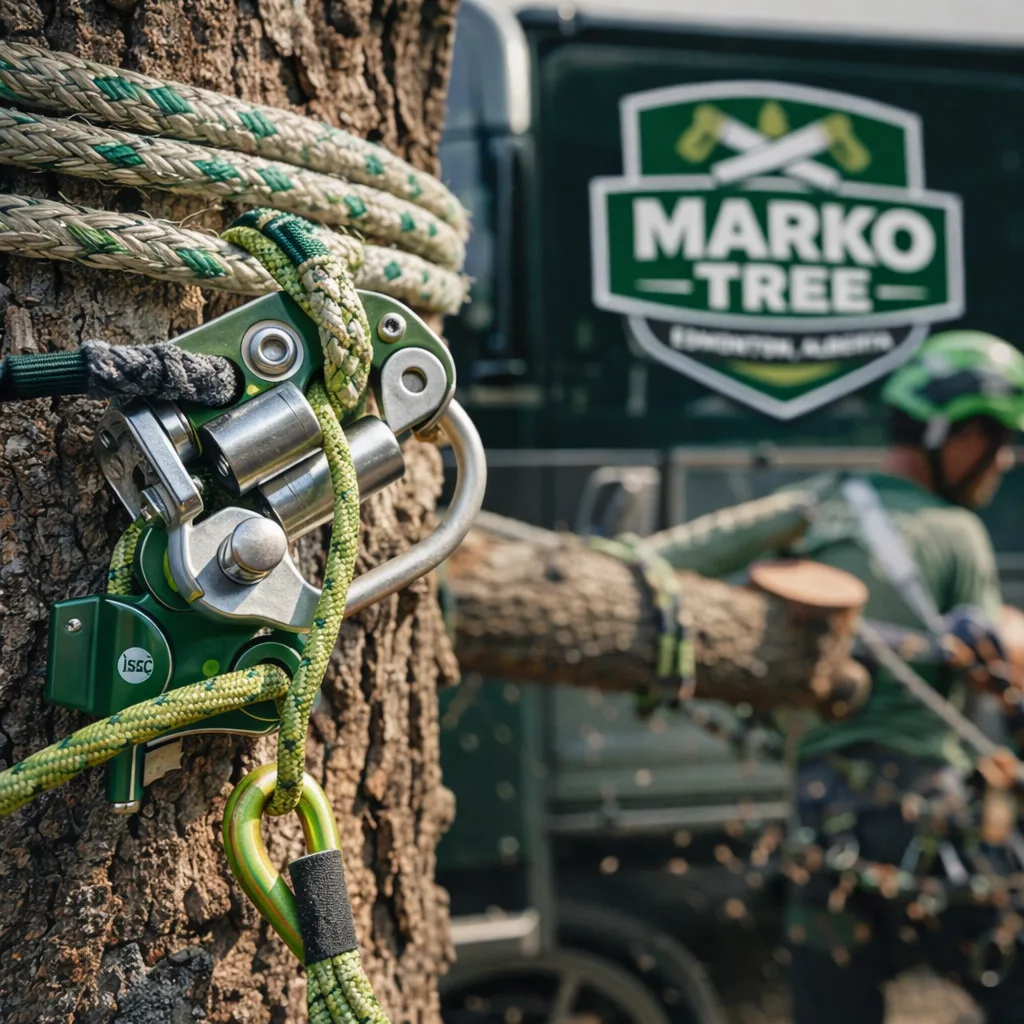 Close view of rope rigging and a lowering device on a tree trunk with a climber cutting a limb in controlled sections.
