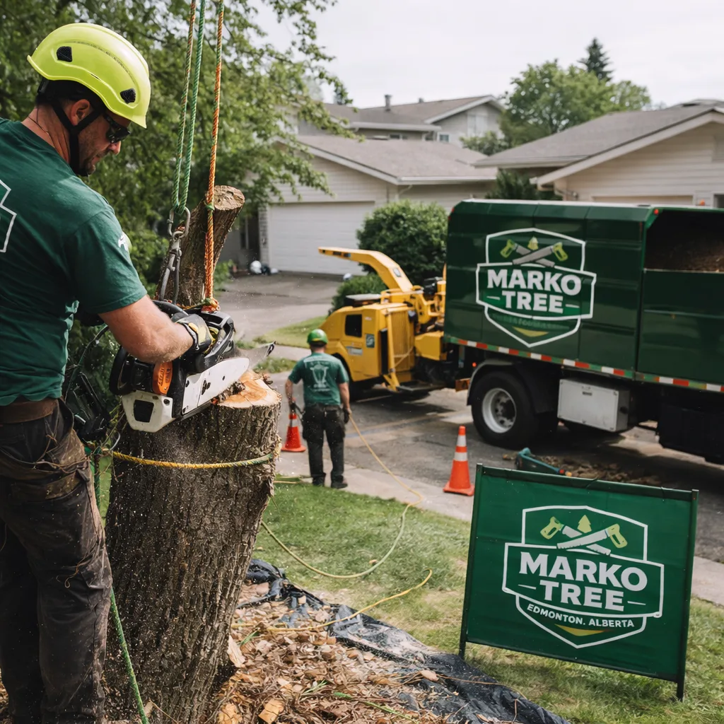 Crew performing a controlled tree removal in a residential Edmonton yard with ropes and a chipper truck staged curbside, showing a clean, organized work zone.