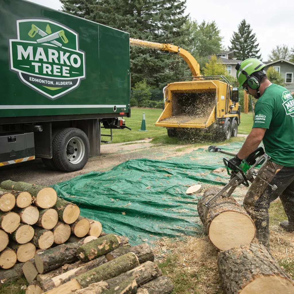 Wide shot of a backyard tree removal with sections stacked neatly, chipper running, and tarps protecting a lawn area.