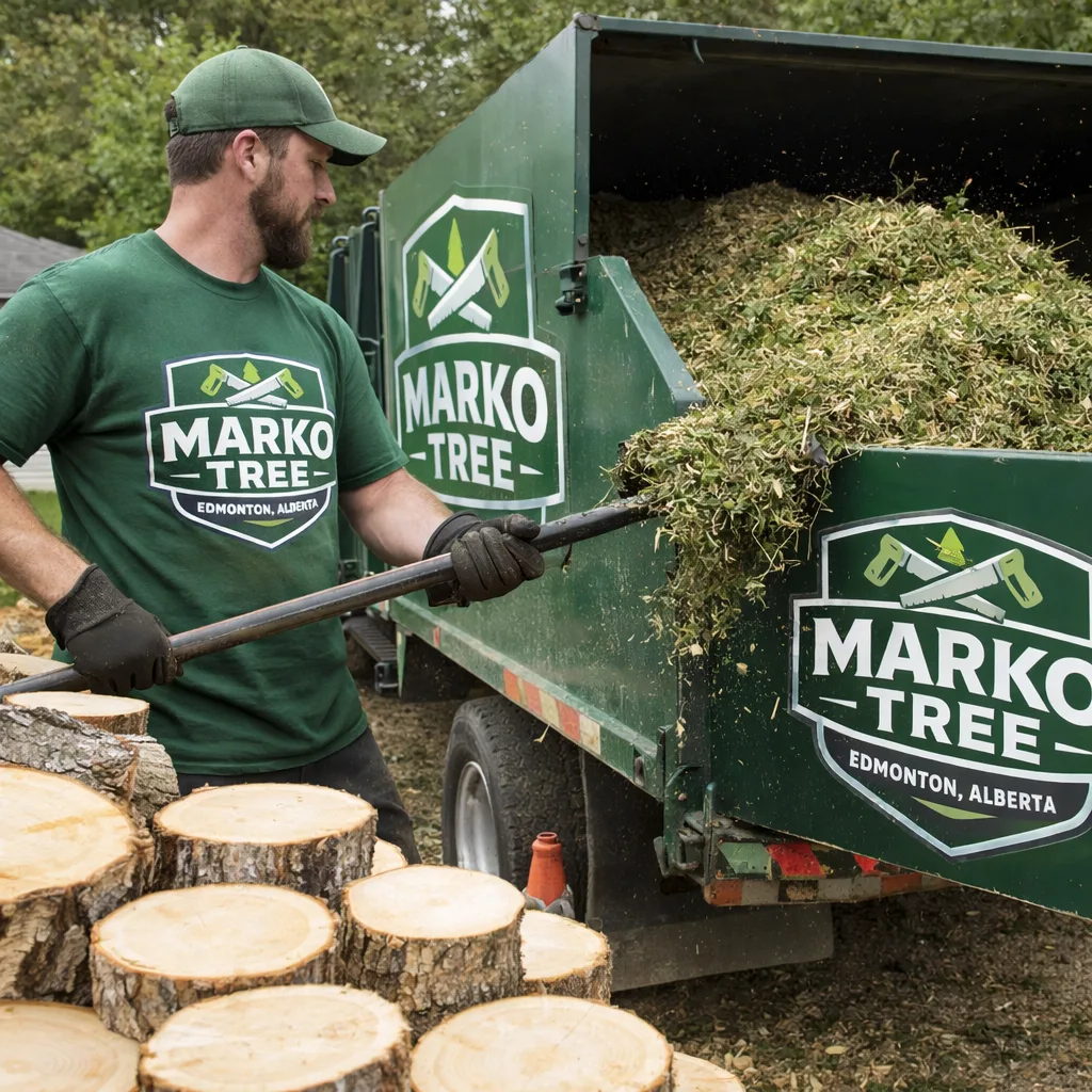 Stack of cut rounds and chipped brush being loaded, demonstrating clean handling and disposal.