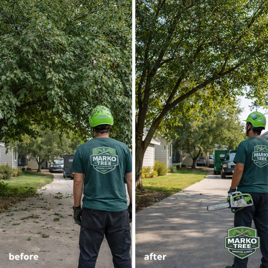 Before and after of a driveway clearance prune: low limbs removed or raised to create headroom while keeping balanced shape.