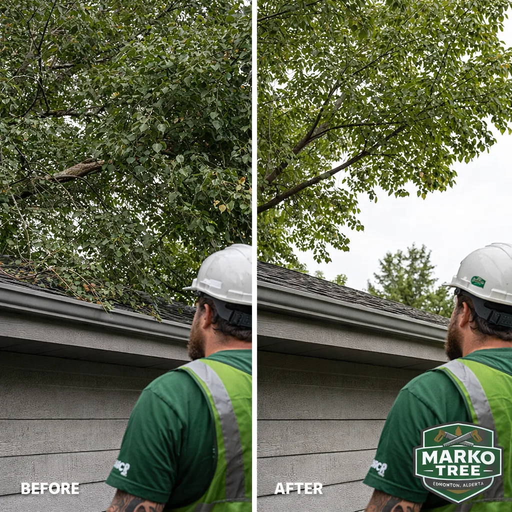 Before and after view of a residential tree with roofline clearance gained through selective pruning, showing improved separation from shingles and gutters.