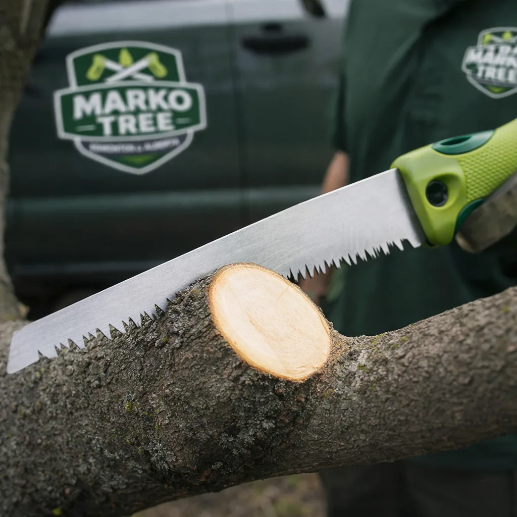 Close-up of a proper pruning cut at the branch collar with clean tools, showing correct cut placement and a healthy branch union.