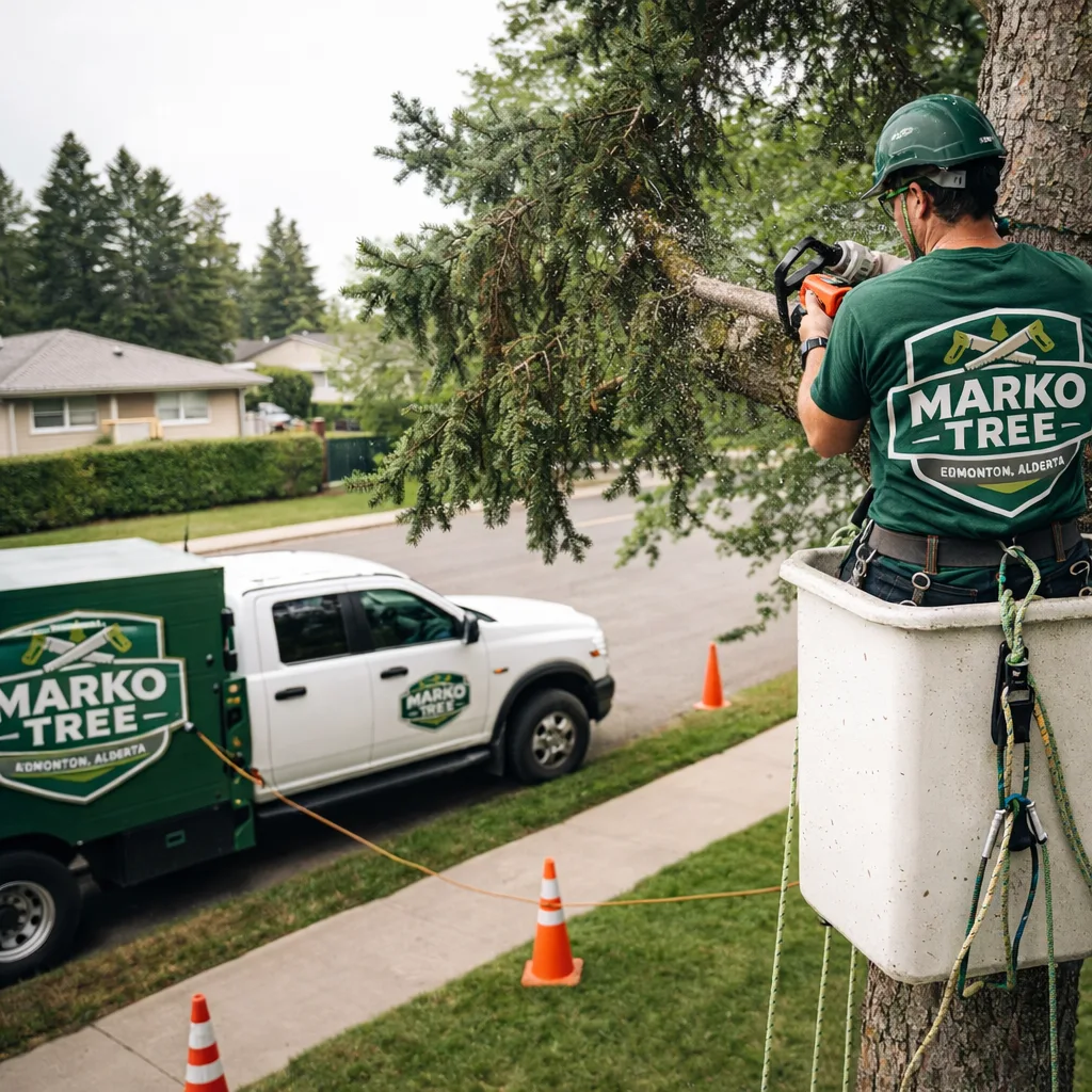 An arborist on a ladder or in a lift making a precise pruning cut on a mature residential tree in Edmonton, with cones and ropes set up for safety and a clean yard below.