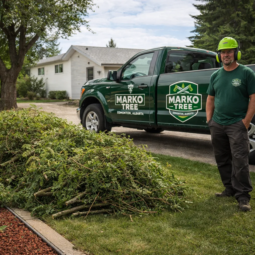 Ground-level photo of a clean job site after pruning with stacked brush ready for hauling and no scattered debris on lawn or beds.