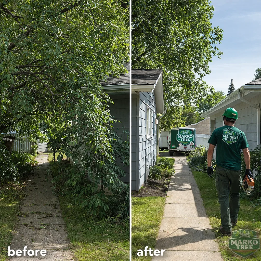 Split image showing a yard with heavy branch overhang before, and after with clear walkway and roof clearance.