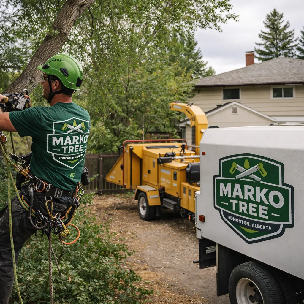 Arborist trimming a mature backyard tree with ropes and a chipper truck visible, typical Edmonton residential setting.