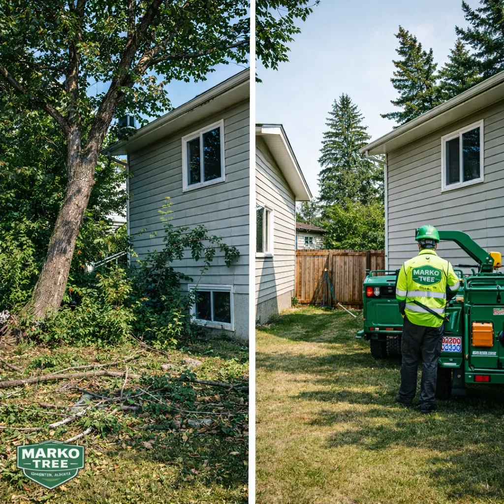 Before-and-after pair: a tree close to a house before removal, and the same area after removal with debris cleared and yard raked.