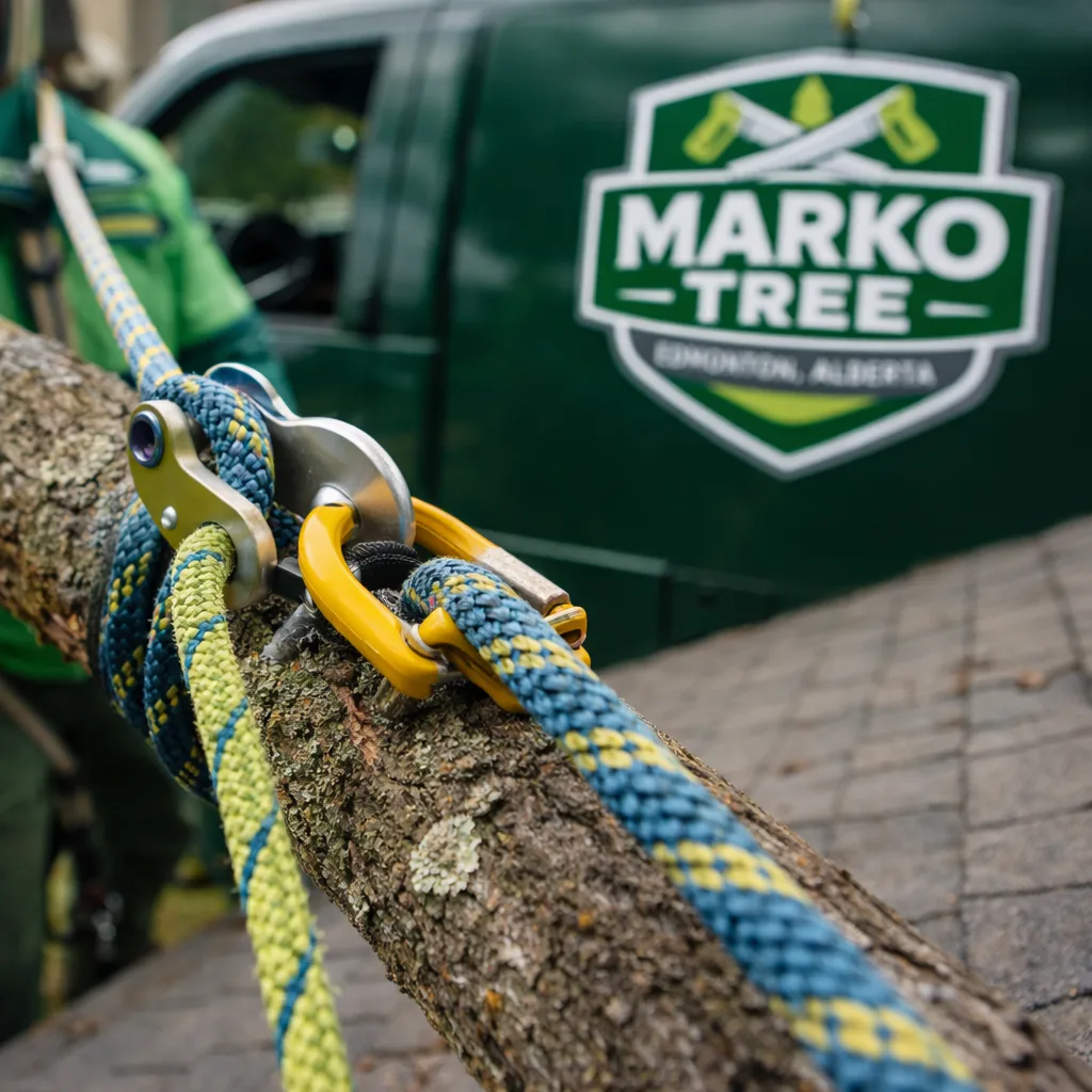 Close-up of arborist rigging setup: rope, friction device, and a limb being lowered safely away from a roofline; show controlled lowering and protective planning.