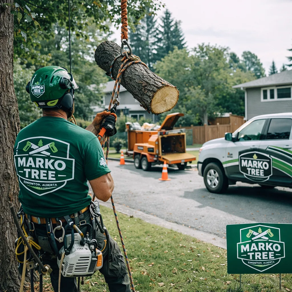 Arborist removing a medium-to-large tree in a residential Edmonton yard with ropes/rigging and a chipper staged neatly at the curb; show safe work zone and controlled lowering.