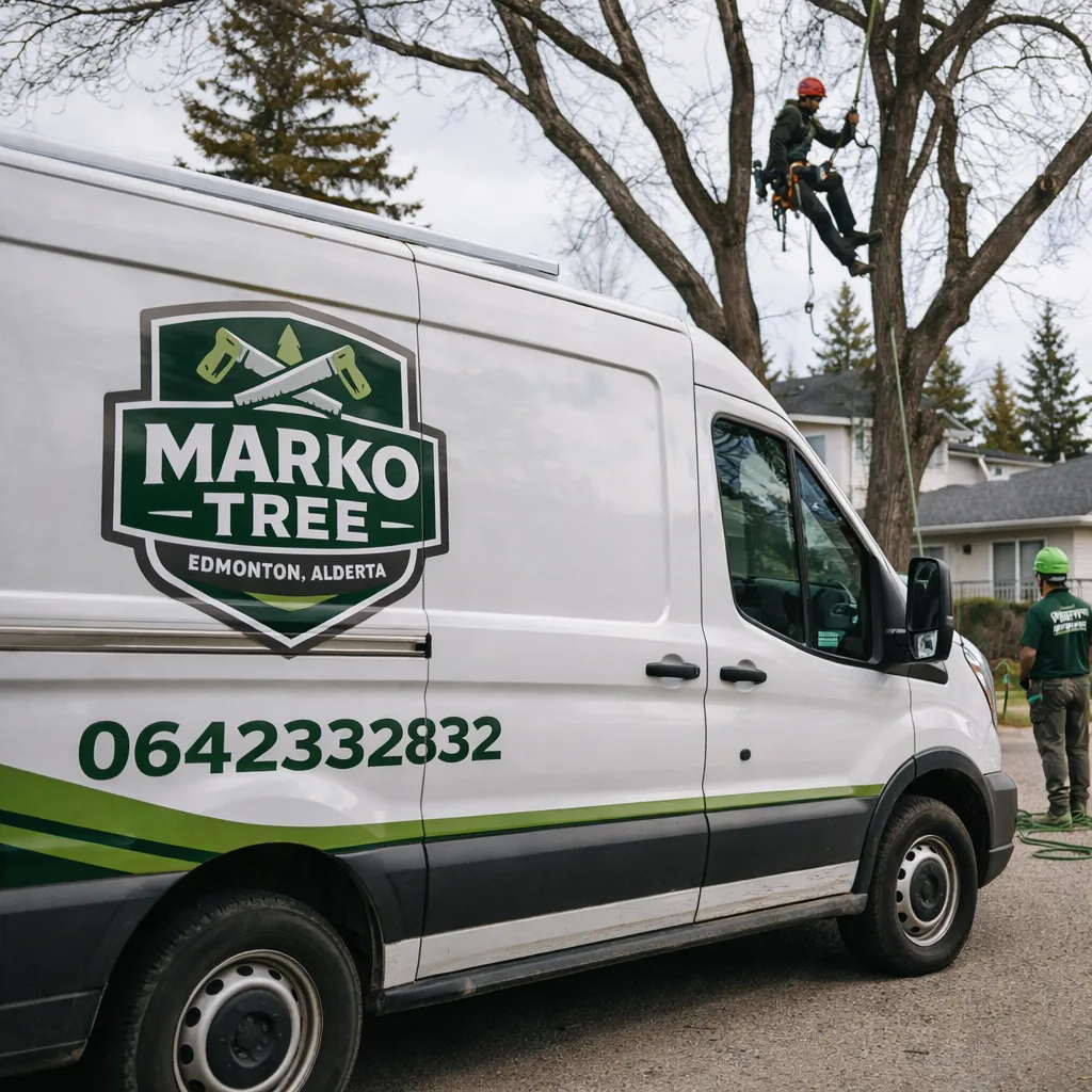Arborist in a tree using a rope system while a ground worker manages lines below.