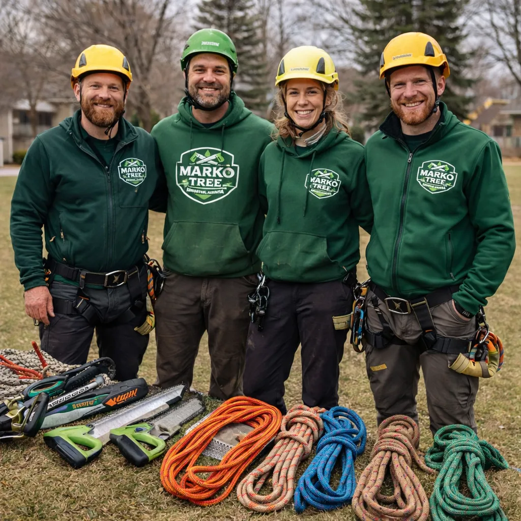 Crew member in PPE standing beside climbing ropes and saws laid out neatly before a job.